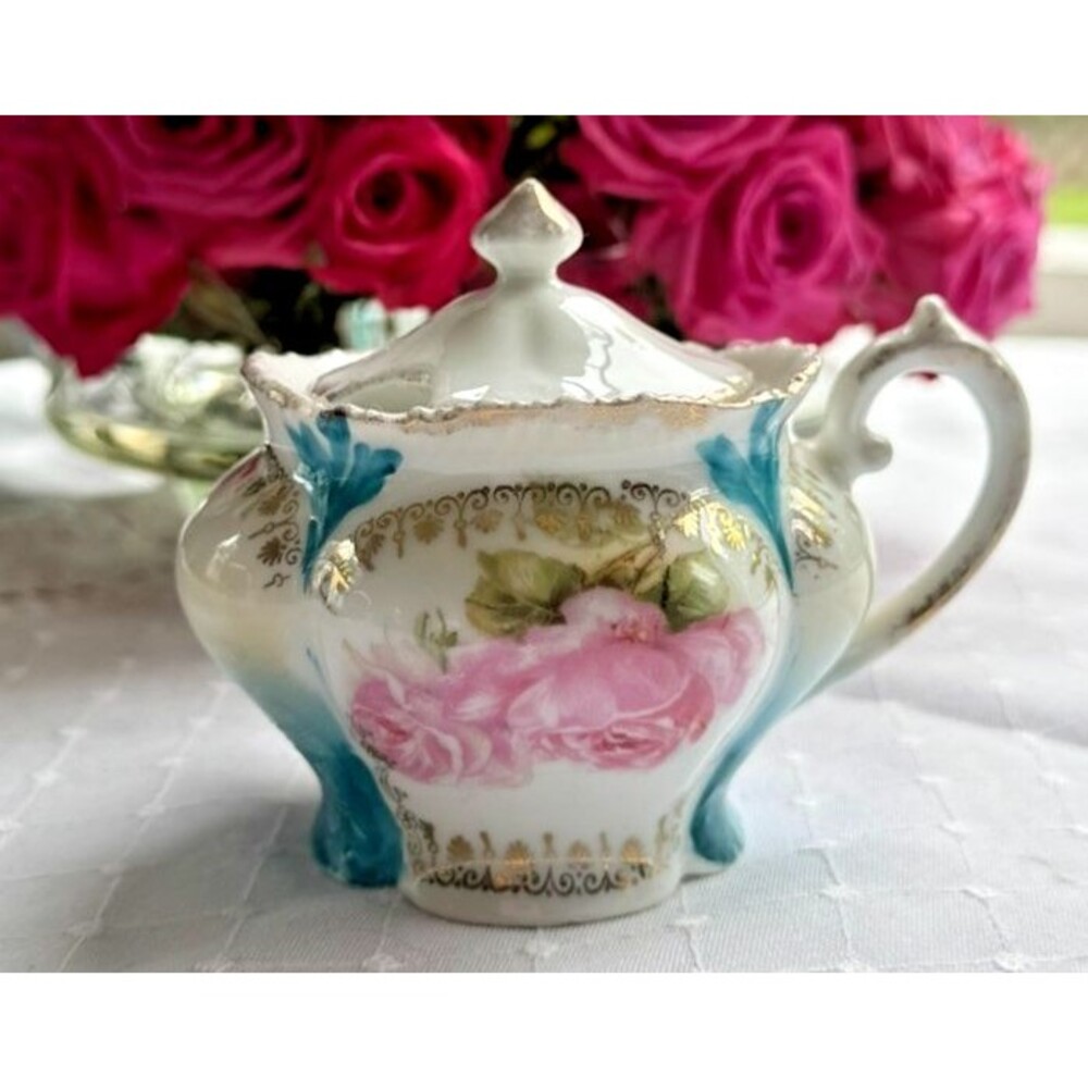 Royal Hamburg Lidded Sugar Bowl Pink Cabbage Rose Teal Gold Victorian Porcelain